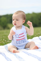 Boys Blue Seersucker American Flag Romper