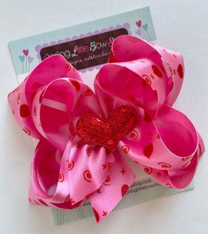 Satin double stacked bow for Valentines Day with sequin heart center - Darling Little Bow Shop