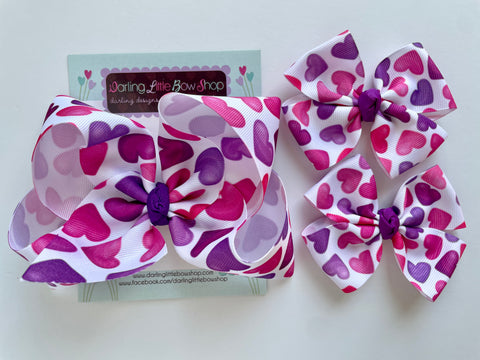 Purple Pink Hearts Valentine bow - choose from 3 sizes - Darling Little Bow Shop