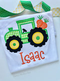 Easter Tractor Shirt or Bodysuit for boys - sweet green and yellow tractor hauling carrots - Darling Little Bow Shop
