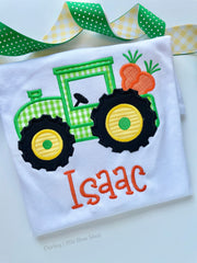 Easter Tractor Shirt or Bodysuit for boys - sweet green and yellow tractor hauling carrots
