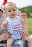 Boys Blue Seersucker American Flag Romper - Darling Little Bow Shop