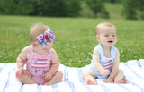 Boys Blue Seersucker American Flag Romper - Darling Little Bow Shop