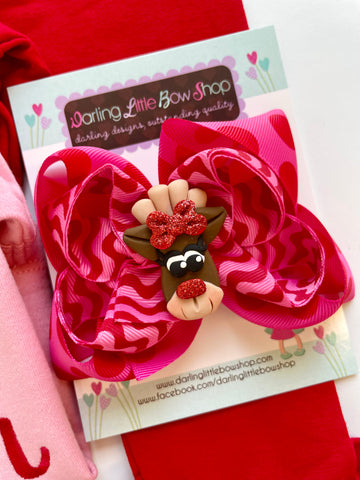 Pink Reindeer bow - fun 5” double stacked bow with girly reindeer center - Darling Little Bow Shop