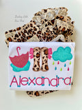 Sassy Spring Showers shirt, ruffle shirt, tank or bodysuit - leopard print rainy day theme - Darling Little Bow Shop