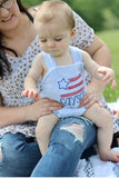 Boys Blue Seersucker American Flag Romper - Darling Little Bow Shop