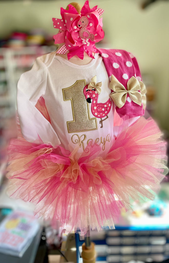 Fancy Flamingo First Birthday Tutu Outfit in Hot Pink and Gold 6 month Carter brand / Short Sleeve