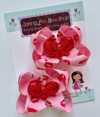 Valentine Pigtail Set of Hairbows with sequin hearts