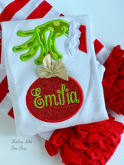 Girls Grinch shirt or bodysuit for girls - red and green mean one hand and ornament