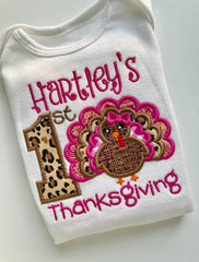 My 1st Thanksgiving bodysuit for baby girls in fuschia and gold