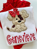 Puppy shirt or bodysuit for girls, sweet spotted puppy with a red name - Darling Little Bow Shop