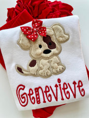 Puppy shirt or bodysuit for girls, sweet spotted puppy with a red name