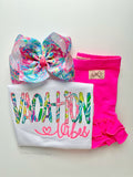 Lilly Vacation Vibes shirt, ruffle shirt, tank or bodysuit - Fan Sea Pants neon pink, lime, blues - Darling Little Bow Shop