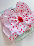 Valentine Hearts hairbow -- 6” or 4-5" red and white hearts hairbow with optional headband - Darling Little Bow Shop