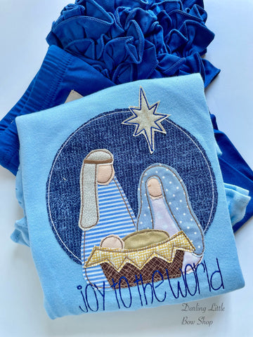 Nativity light blue ruffle shirt for girls - Joy to the World - Darling Little Bow Shop