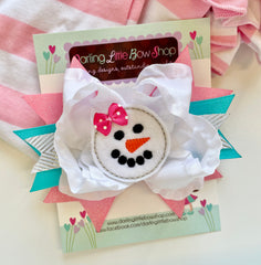 Snowman Hairbow in pink, white, silver and blue