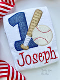 Baseball Theme Birthday Shirt -- birthday shirt with number, baseball and bat and personalized with name in red and navy blue - Darling Little Bow Shop