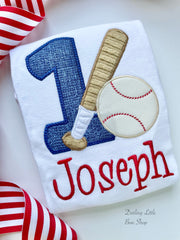 Baseball Theme Birthday Shirt -- birthday shirt with number, baseball and bat and personalized with name in red and navy blue