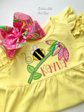 Yellow flutter sleeve dress with lilly print bumblebee flower - Darling Little Bow Shop