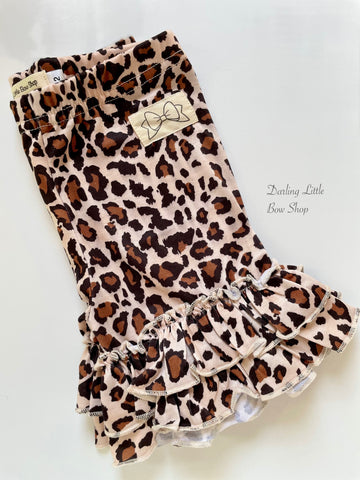 Oatmeal Leopard Print Ruffle Shorties, Leopard Ruffle Shorts - Darling Little Bow Shop