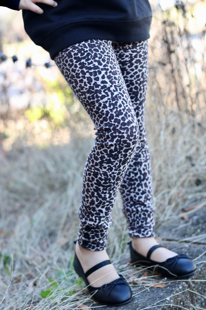 Leopard print Button Leggings - fleece lined and warm