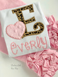 Valentine Glam shirt or bodysuit for girls - leopard print initial and powder pink heart - Darling Little Bow Shop