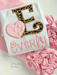 Valentine Glam shirt or bodysuit for girls - leopard print initial and powder pink heart
