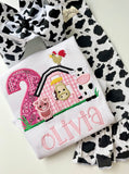 Pink Farm Birthday shirt or bodysuit for girls with cow, horse, pig and rooster - Darling Little Bow Shop