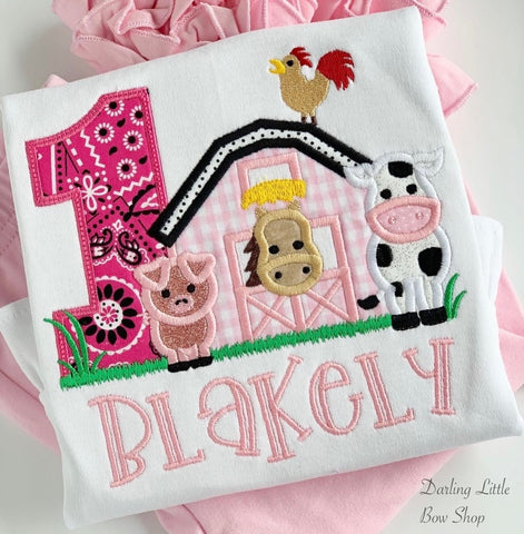 Pink Farm Birthday shirt or bodysuit for girls with cow, horse, pig and rooster - Darling Little Bow Shop