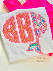 Neon Pink Mermaid Girls shirt, ruffle shirt, tank or bodysuit - Magical Mermaid Monogram - light blue and Lilly inspired monogram