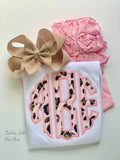 Pink and Gold Leopard Print Monogram shirt, ruffle shirt, tank or bodysuit - Darling Little Bow Shop