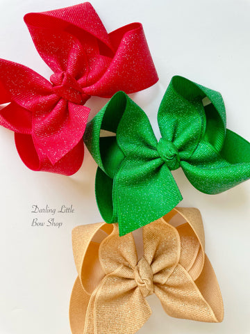 Christmas Bows, Christmas Hairbow set -- Deck The Halls -- sparkly gold, green and red hairbows, perfect for the Christmas Season and beyond - Darling Little Bow Shop