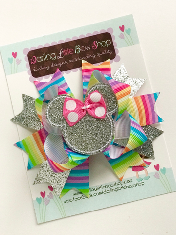 Miss Mouse Bow in bright rainbow colors and silver - Darling Little Bow Shop