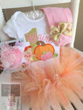 Pumpkin Birthday shirt or bodysuit for girls in pink and gold floral - Darling Little Bow Shop