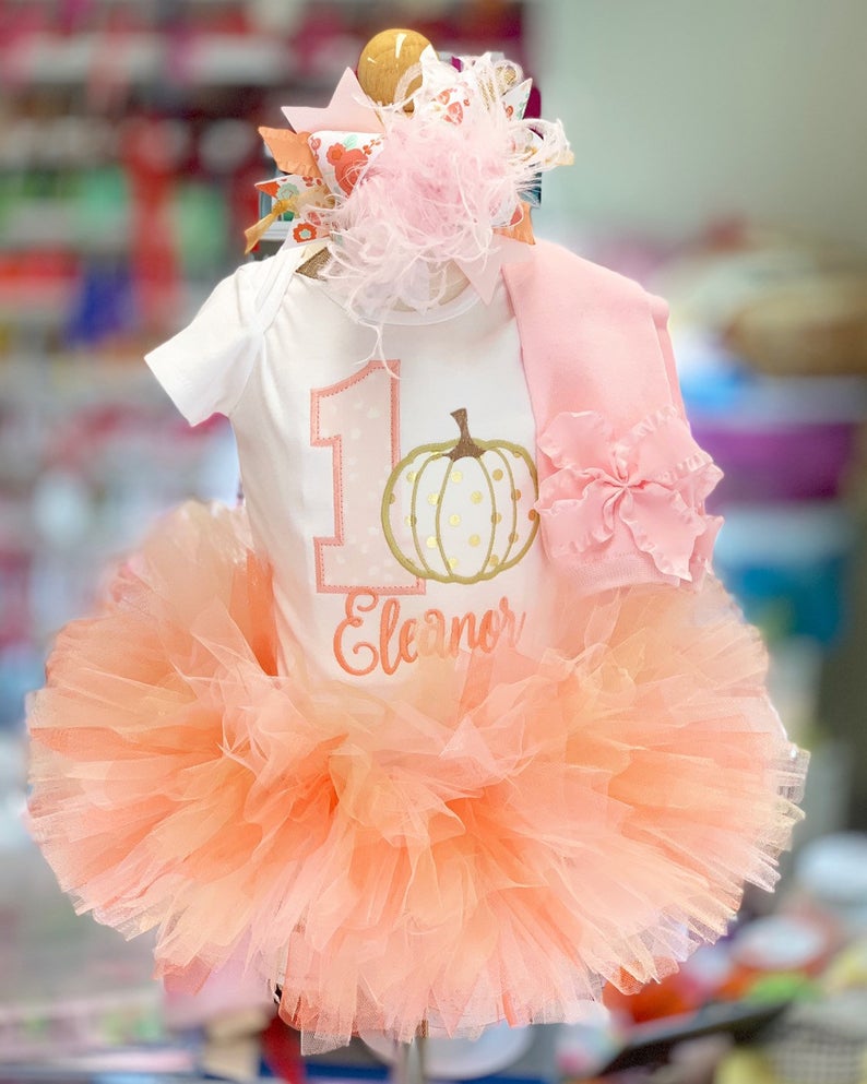 Pumpkin First birthday Tutu outfit in pink, peach and gold