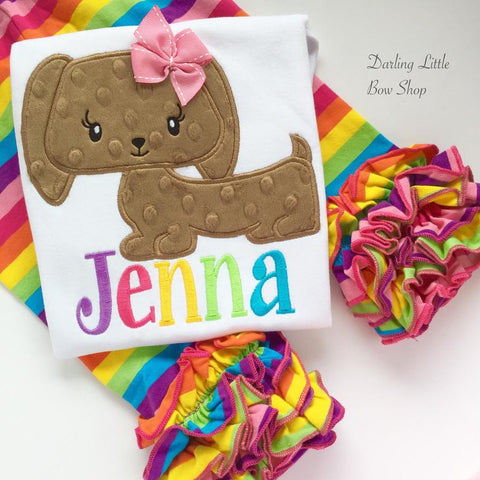 Dachsund shirt or bodysuit for girls, sweet puppy with a rainbow name - Darling Little Bow Shop