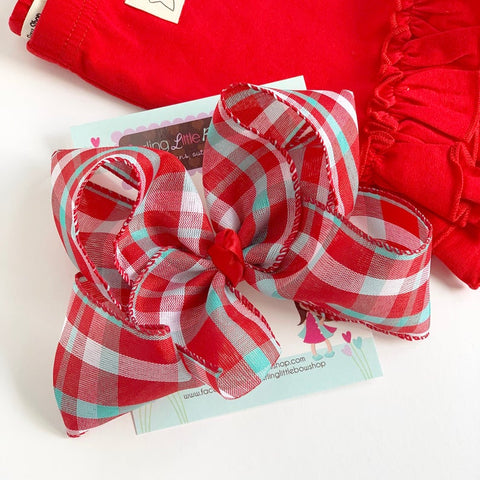 Red and Aqua bow -- 6" plaid bow for summer - Darling Little Bow Shop