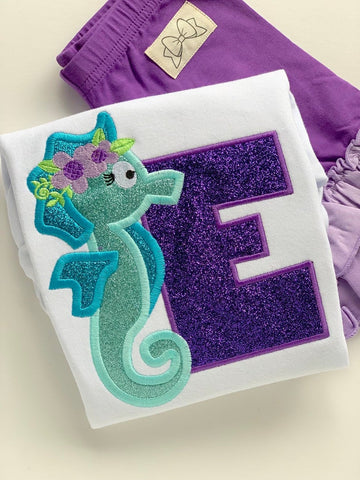 Seahorse Girls shirt, ruffle shirt, tank or bodysuit - Purple and Aqua beautiful Seahorse top - Darling Little Bow Shop