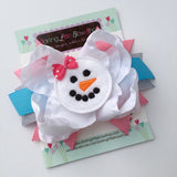 Snowman Hairbow in pink, white, silver and blue - Darling Little Bow Shop