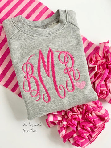 Monogrammed Sweatshirt for toddlers and girls - Sweetheart Sweatshirt - gray, hot pink and pink heart accent -- great for Valentines Day - Darling Little Bow Shop
